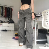 Fall Low Waist Lace up Cargo Jeans Solid Color Multi Pocket Slimming Patchwork Trousers